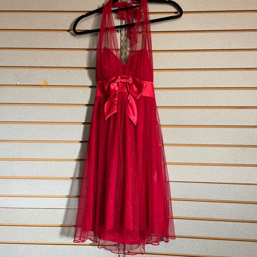 Speechless Red Glitter Tulle Halter Dress Satin Bow Homecoming Prom Formal‎ Sz 7